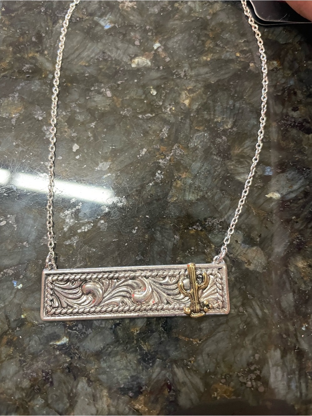 Engraved Bar Necklace with Gold Cactus Accent